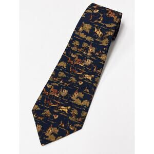 Salvatore Ferragamo Silk Tie Navy Equestrian Carriage Print Made in Italy 3.25”